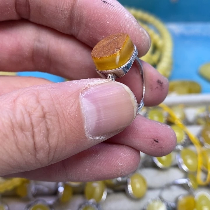 蜜蜡裸石银S925镶嵌戒指