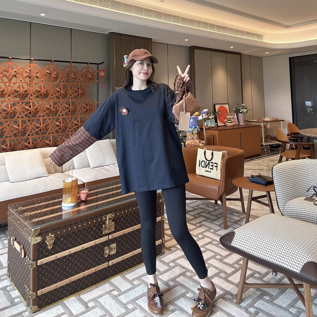 BETTER JOELAY -【棕熊斑纹】全棉百搭时尚宽松假两件长袖T恤KH3329