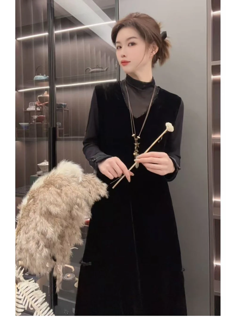 新中式国风丝绒盘扣背心连衣裙复古轻奢气质显瘦9226