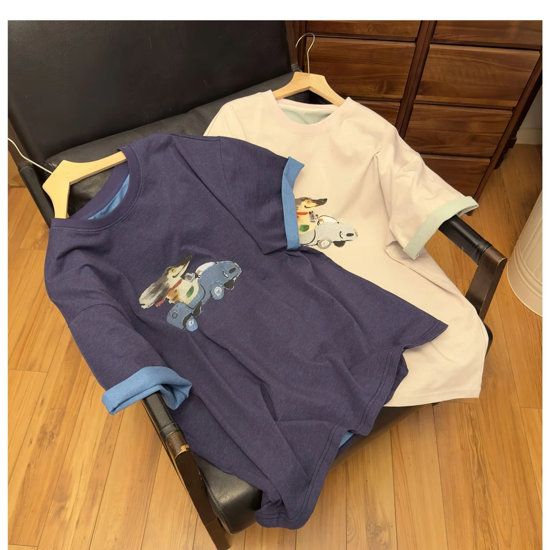 “宾利小狗” 正反双纱线交织 撞色无感印花短袖T恤386