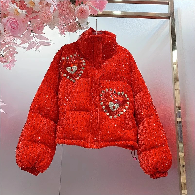A707欧美设计师2025早春新款重工钉钻刺绣爱心全亮片时尚外套