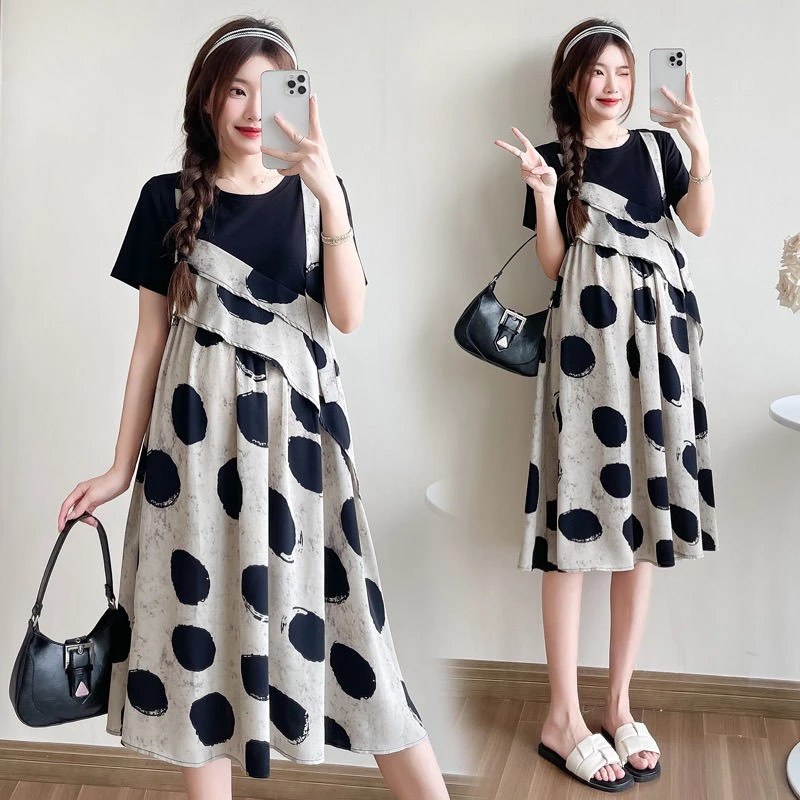 大码胖妹妹夏装时尚气质新款波点拼接设计感假两件短袖大码连衣裙