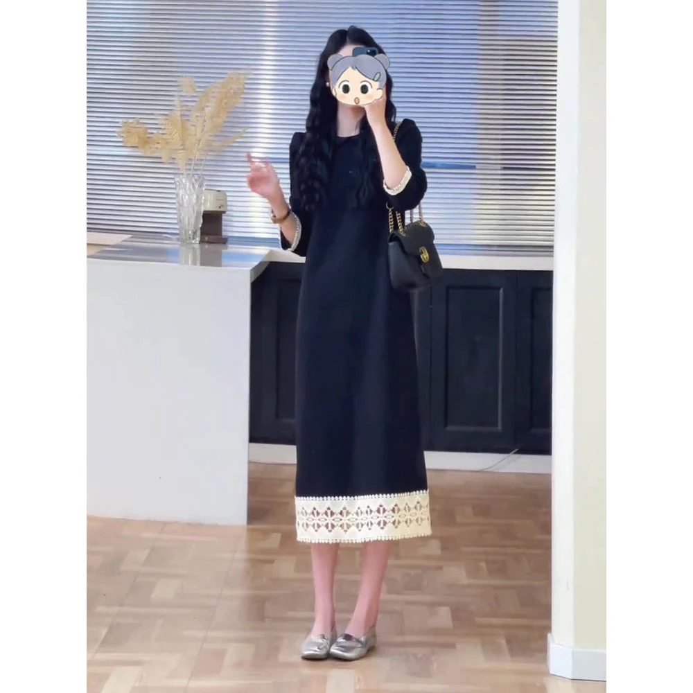 法式减龄黑色连衣裙女2025秋季新款大码胖mm洋气减龄拼接气质长裙