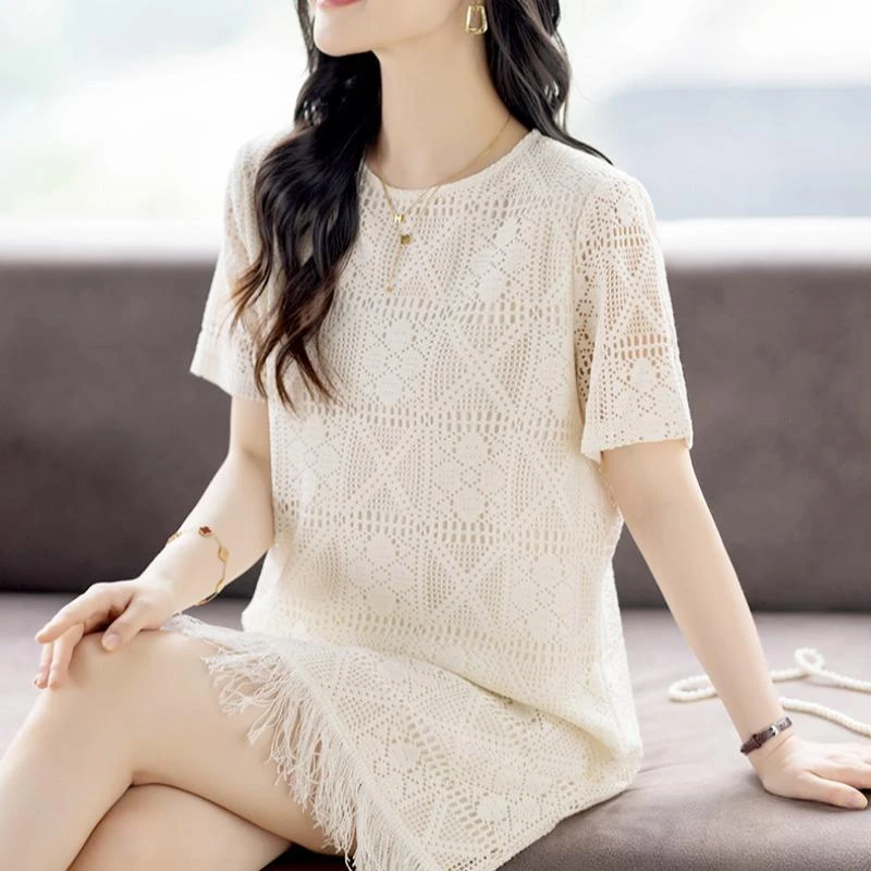 法芬图小香风圆领蕾丝短袖连衣裙女夏新款高端精致胖mm大码宽松流