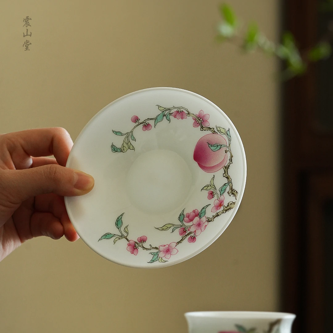 震山堂粉彩手绘桃子壶承景德镇纯手工斗彩盖碗底托小号壶承垫杯垫