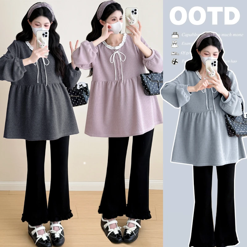 孕妇秋冬甜美宽松花边领遮肚上衣韩版纯色大码时尚外穿怀孕期卫衣