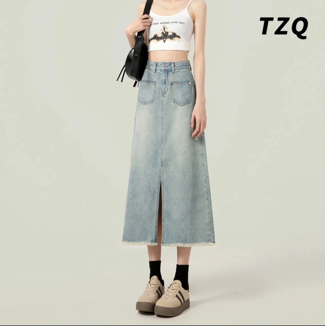 【5513】高腰牛仔半身裙女2025夏季新款显瘦百搭中长款a字包臀裙
