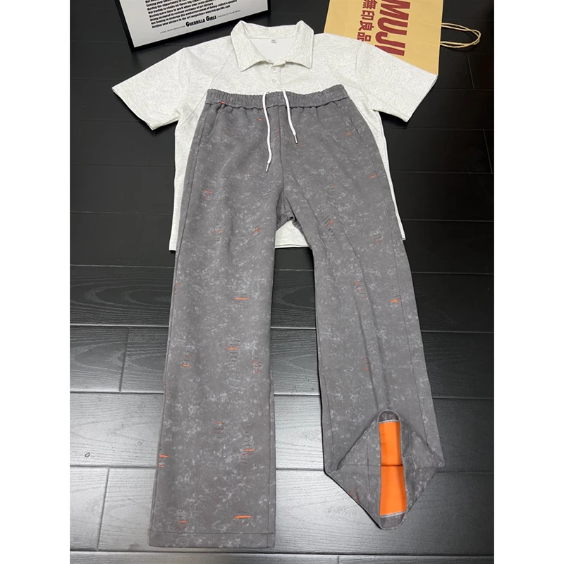 设计感撞色破洞水洗卫裤男款重磅直筒垂感运动裤美式vibe潮牌裤子