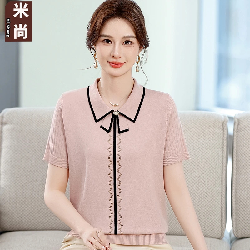 气质妈妈夏装上衣宽松针织小衫中老年女装2025夏季新款短袖T恤衫