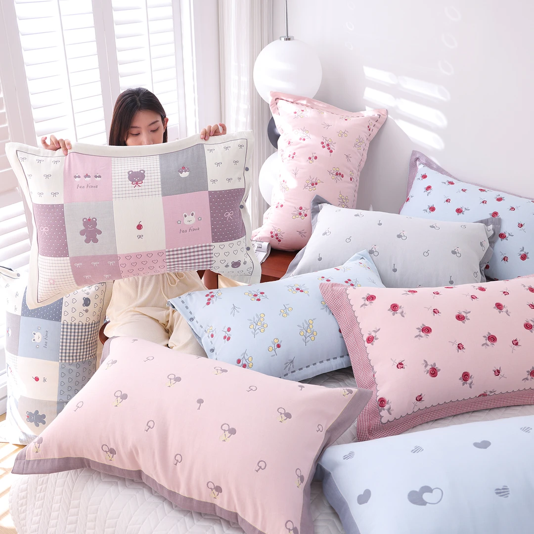 纯棉纱布按扣枕套全棉柔软可爱枕头套一对装防脱落成人枕芯内胆套