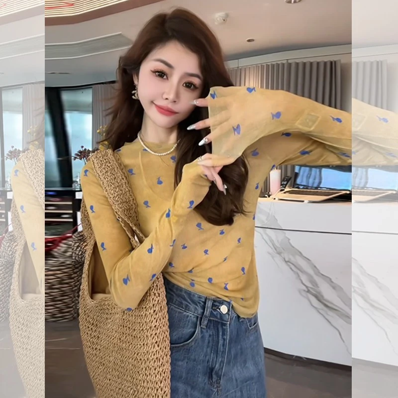 黄色碎花长袖t恤女2025新款夏叠穿内搭打底防晒罩衫冰丝网纱上衣