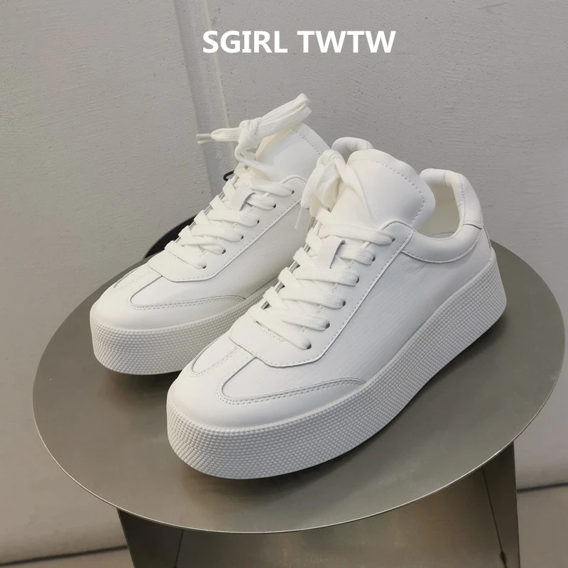 SGIRL TWTW2025年春季新款透气布面厚底圆头系带休闲板鞋小白鞋女