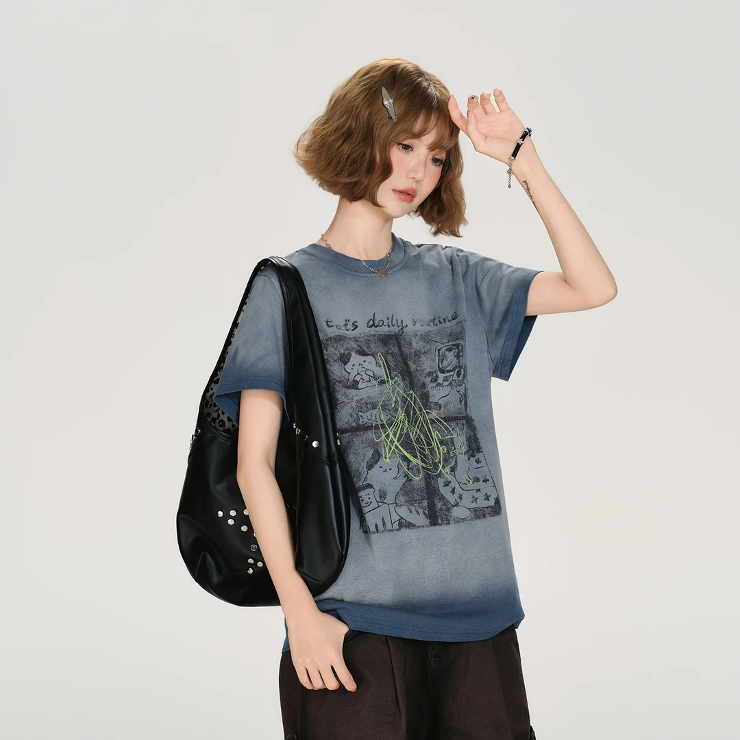 7/8  20:00上新当天9.5折【Girlyhalo】做旧复古深蓝色短袖