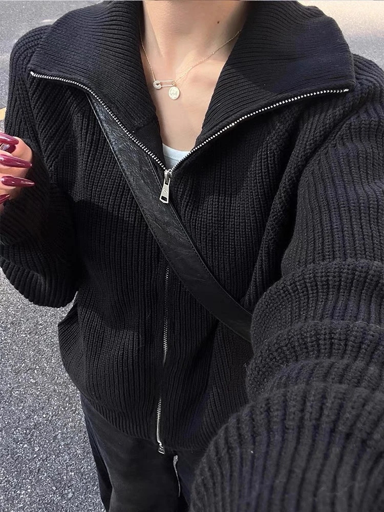 23130#双拉链高领针织开衫女设计感翻领时尚百搭毛衣外穿上衣