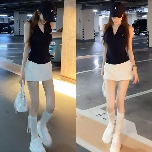 2025夏季时尚气质无袖polo背心上衣+高腰显瘦包臀a字短裙裤套装女