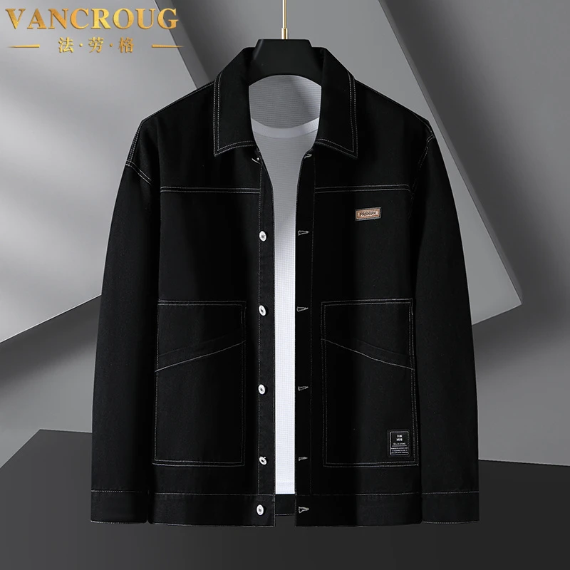 VANCROUG/法劳格夹克男士秋季大码牛仔宽松大号翻领休闲纯色外套