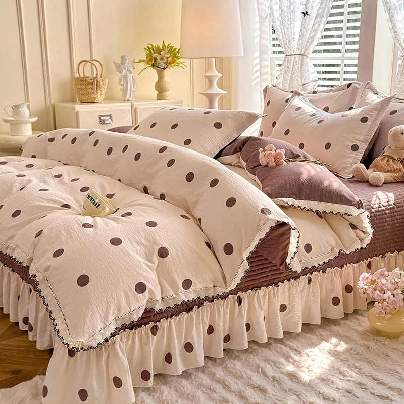 新款镂空双色刺绣花边法式床盖款针织棉四件套 加厚款夹棉公主风