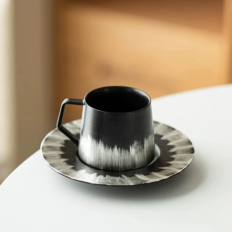 万疆鎏银精致挂耳创意复古黑咖啡杯简约杯碟茶杯陶瓷杯家用水杯