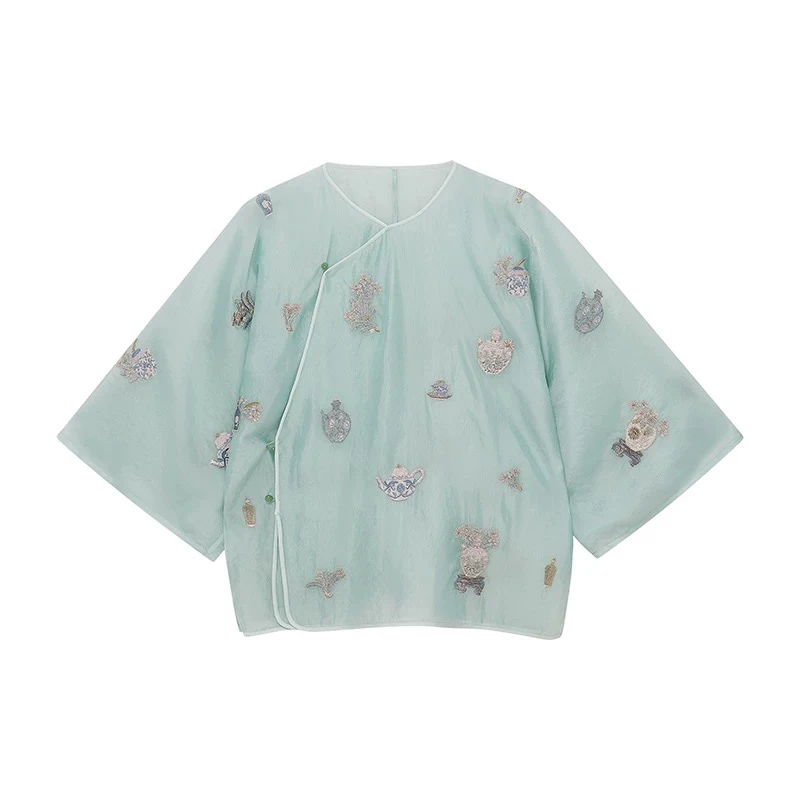 现货 大D 刘雯同款25夏新款新中式刺绣外套衬衫