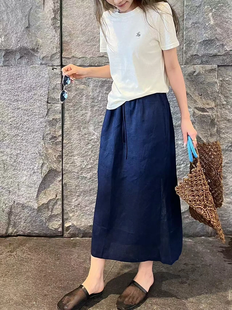 【BAI】天丝亚麻夏季新款宽松百搭中长款半身裙5023