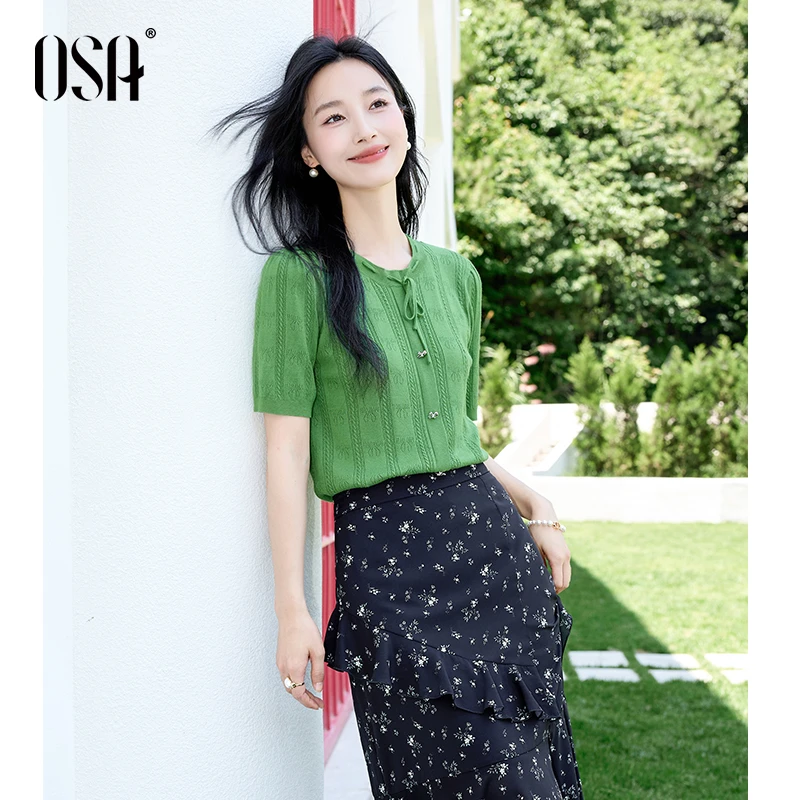 OSA复古森林绿针织小衫女夏蝴蝶结系带镂空套头衫上衣S125B16048