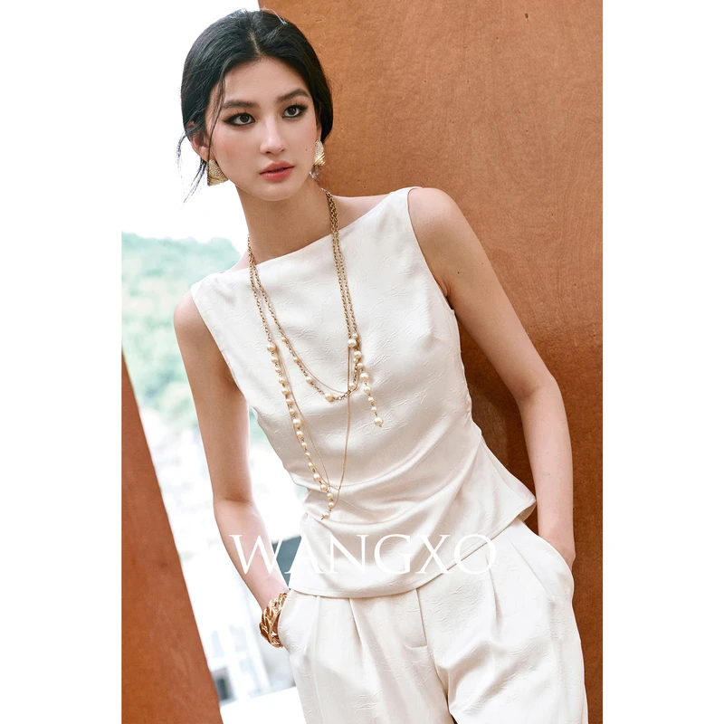 WANGXO  烫金缎面抓皱腰间打褶套装253588W