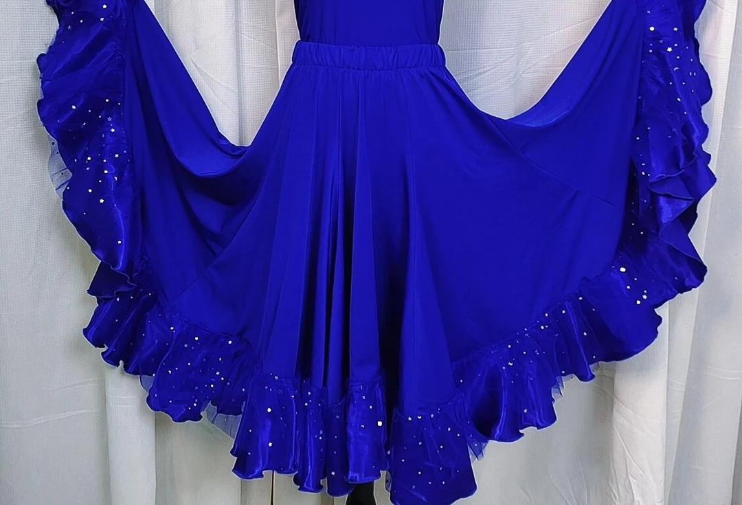 修身显瘦垂坠感亮片摩登舞交谊舞八片大摆花边中长款舞裙