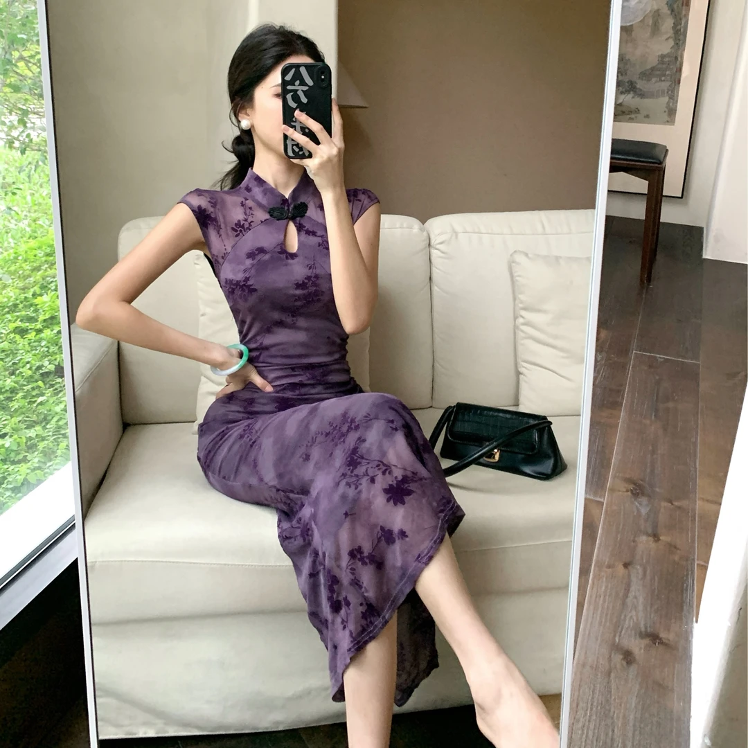 新中式复古改良版旗袍女夏季新款植绒百搭镂空修身鱼尾连衣裙长裙