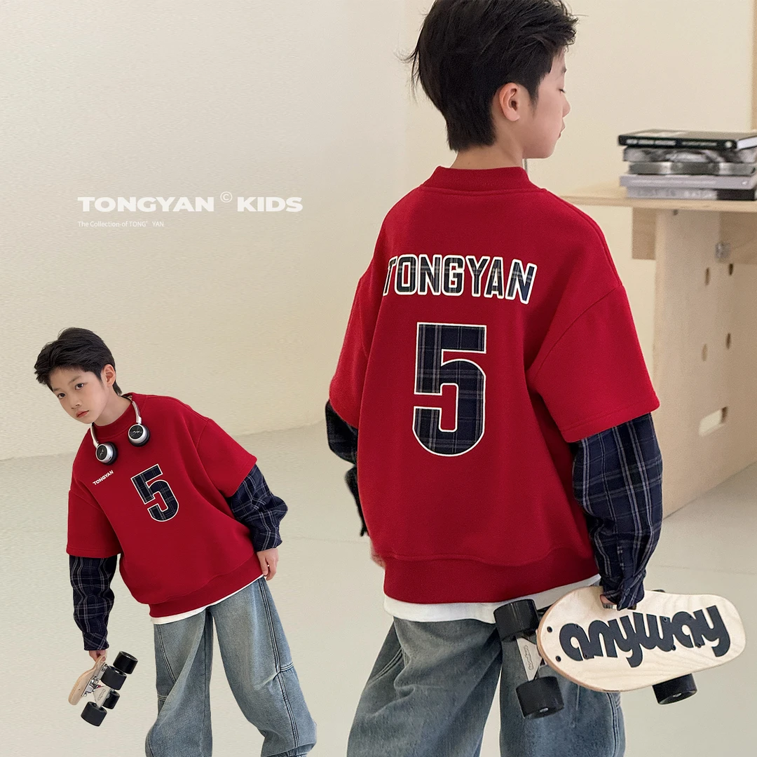 爆款【黑标】男童加绒卫衣冬装男孩红色假两件上衣儿童套头衫AB1179