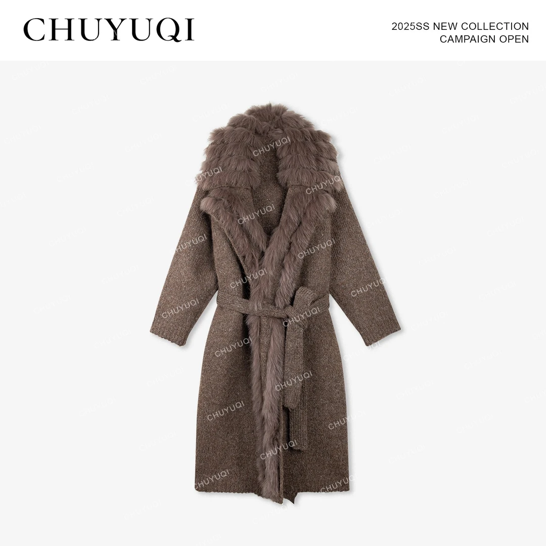 CHUYUQI 阿洛普克斯 狐狸毛气质翻领针织开衫毛衣秋冬高级长外套
