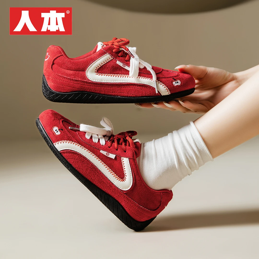 人本爆款网红红色德训鞋2025秋季ins风低帮休闲时尚韩版女款板鞋