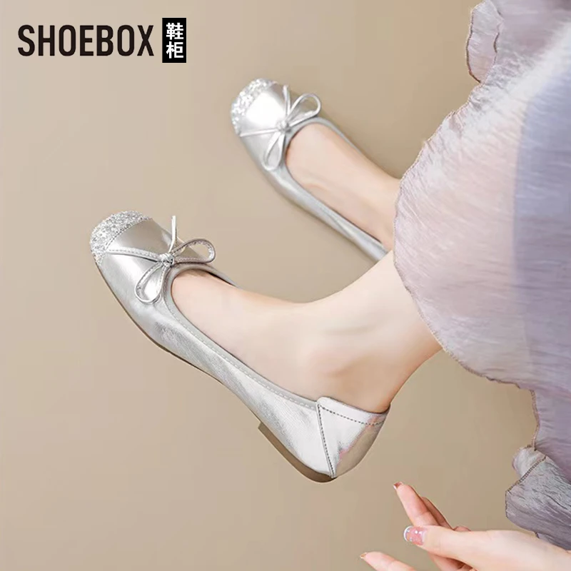 SHOEBOX鞋柜法式平底鞋女2025夏外穿芭蕾蝴蝶结一脚蹬浅口单鞋