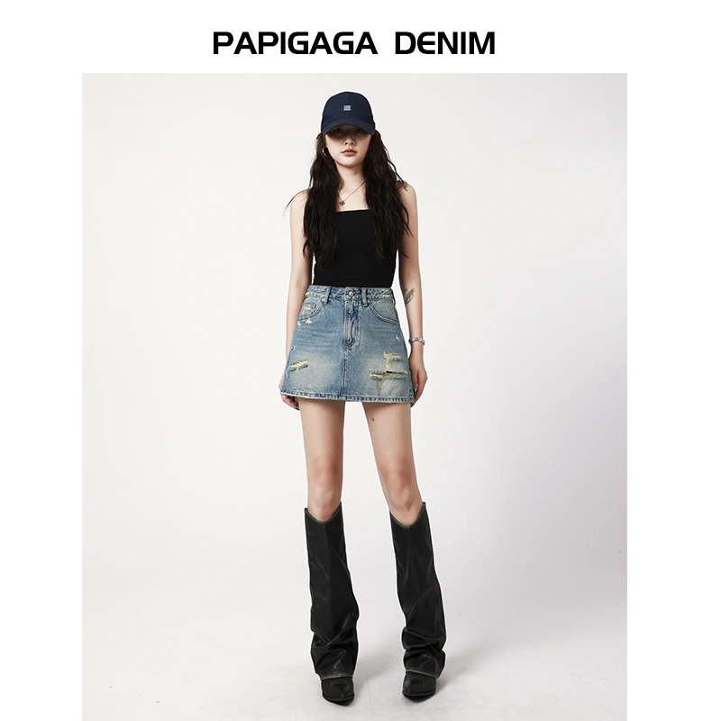 【夏新】2025夏防走光破洞a字牛仔半身裙女高腰小个子三分短裙11398