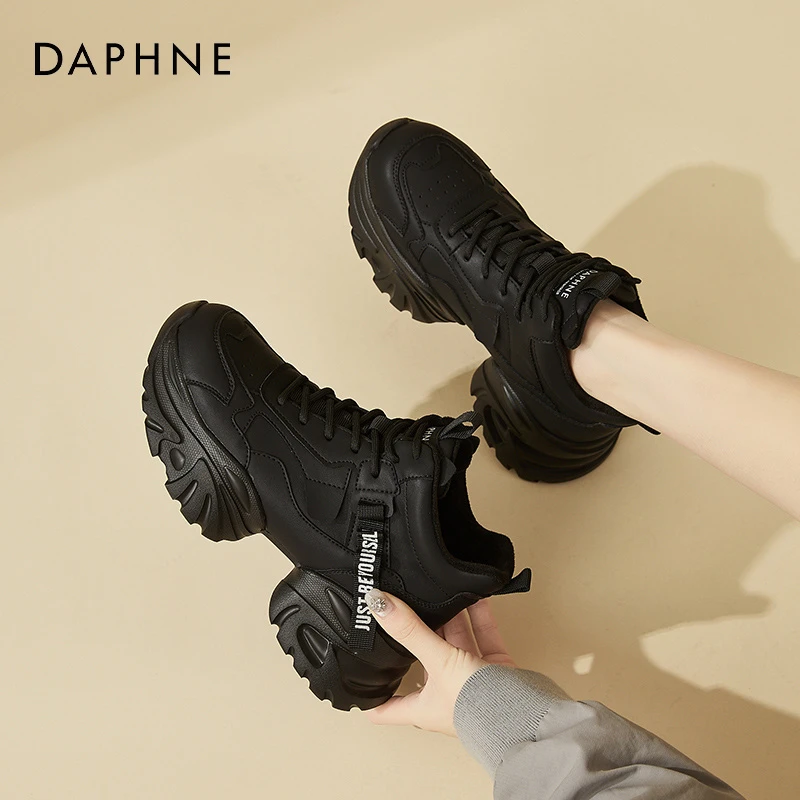达芙妮黑色厚底老爹鞋女款2025新款秋冬季加绒棉鞋休闲运动鞋子女