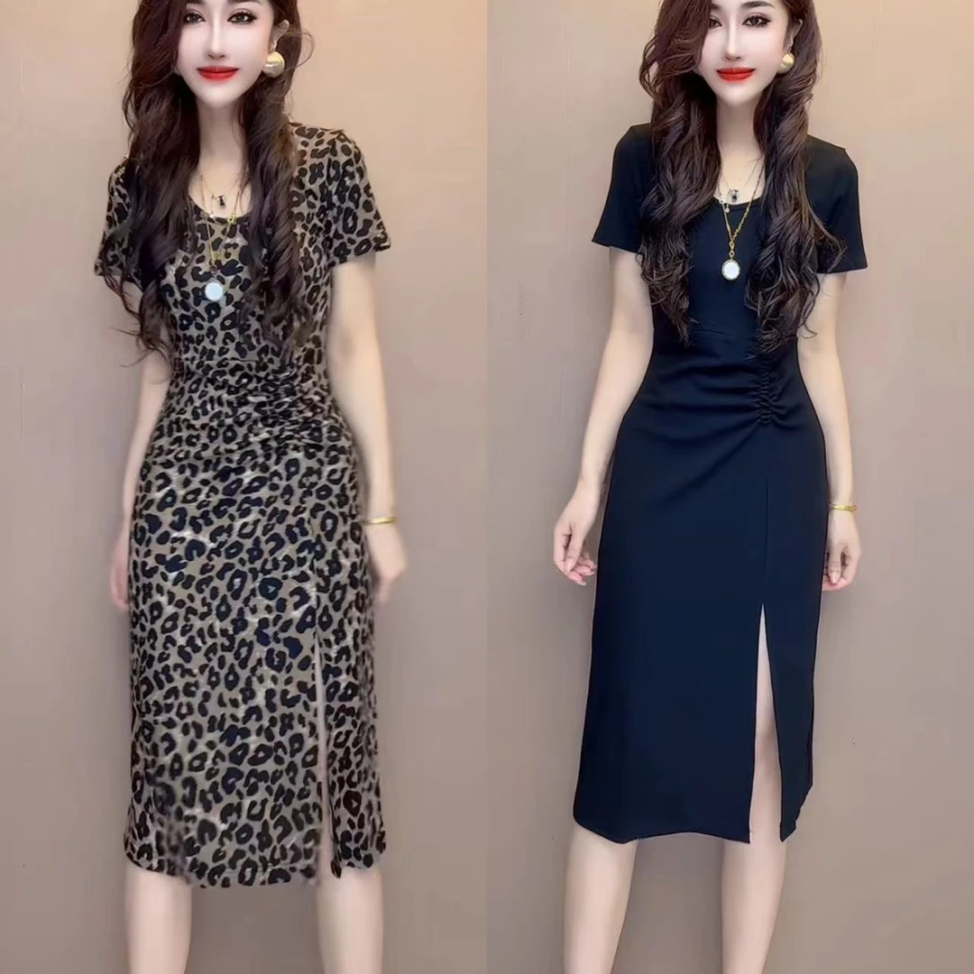 时尚夏季收腰显瘦开叉修身中长款豹纹连衣裙