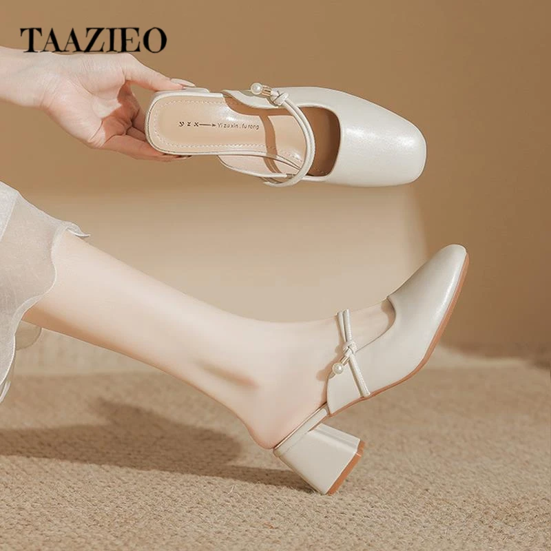 TAAZIEO白色夏季包头拖鞋女方头外穿高跟鞋粗跟一字凉鞋法式温柔