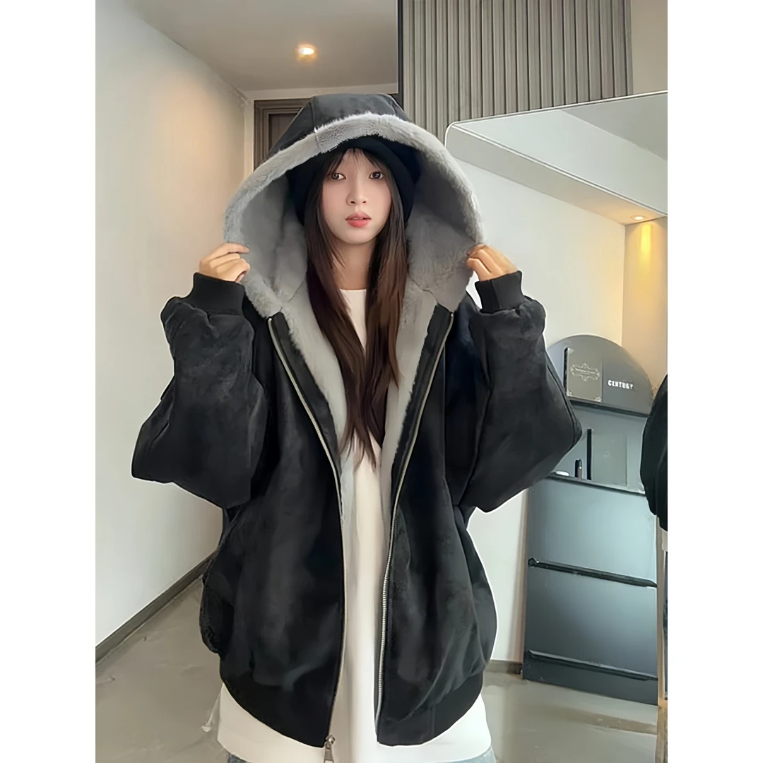 荔枝纹皮连帽座山雕PU皮外套男女秋冬季美式重磅加绒加厚毛领棉衣