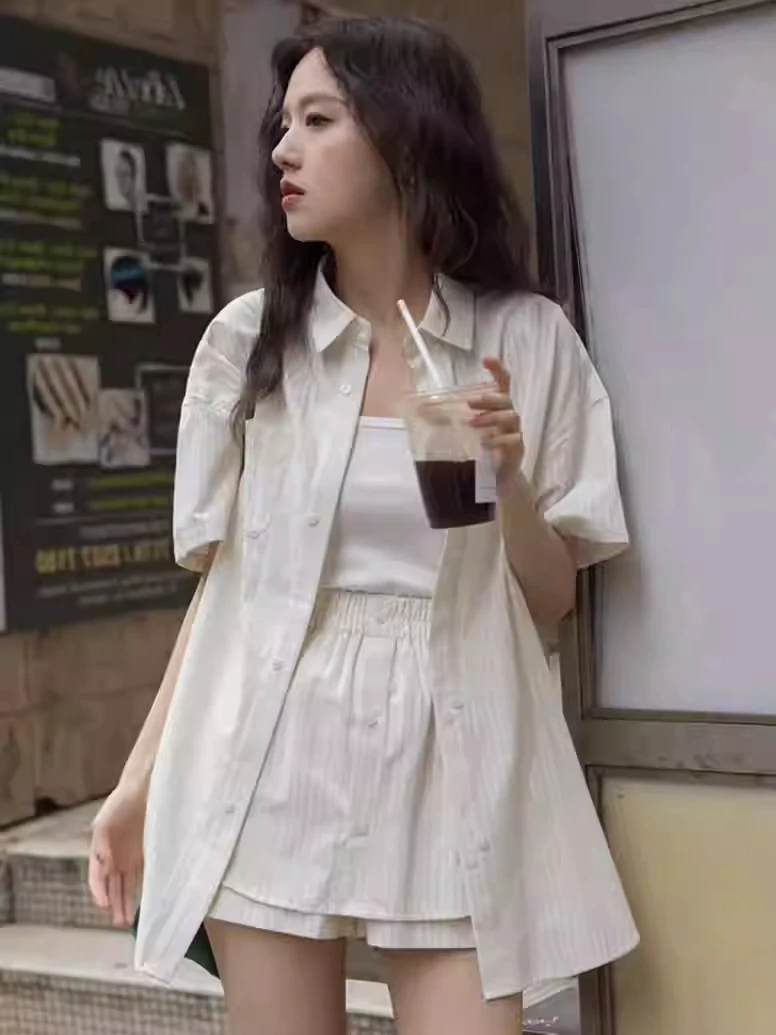 胖MM大码300斤法式条纹衬衫套装女夏季新款小个子休闲短裤二件套