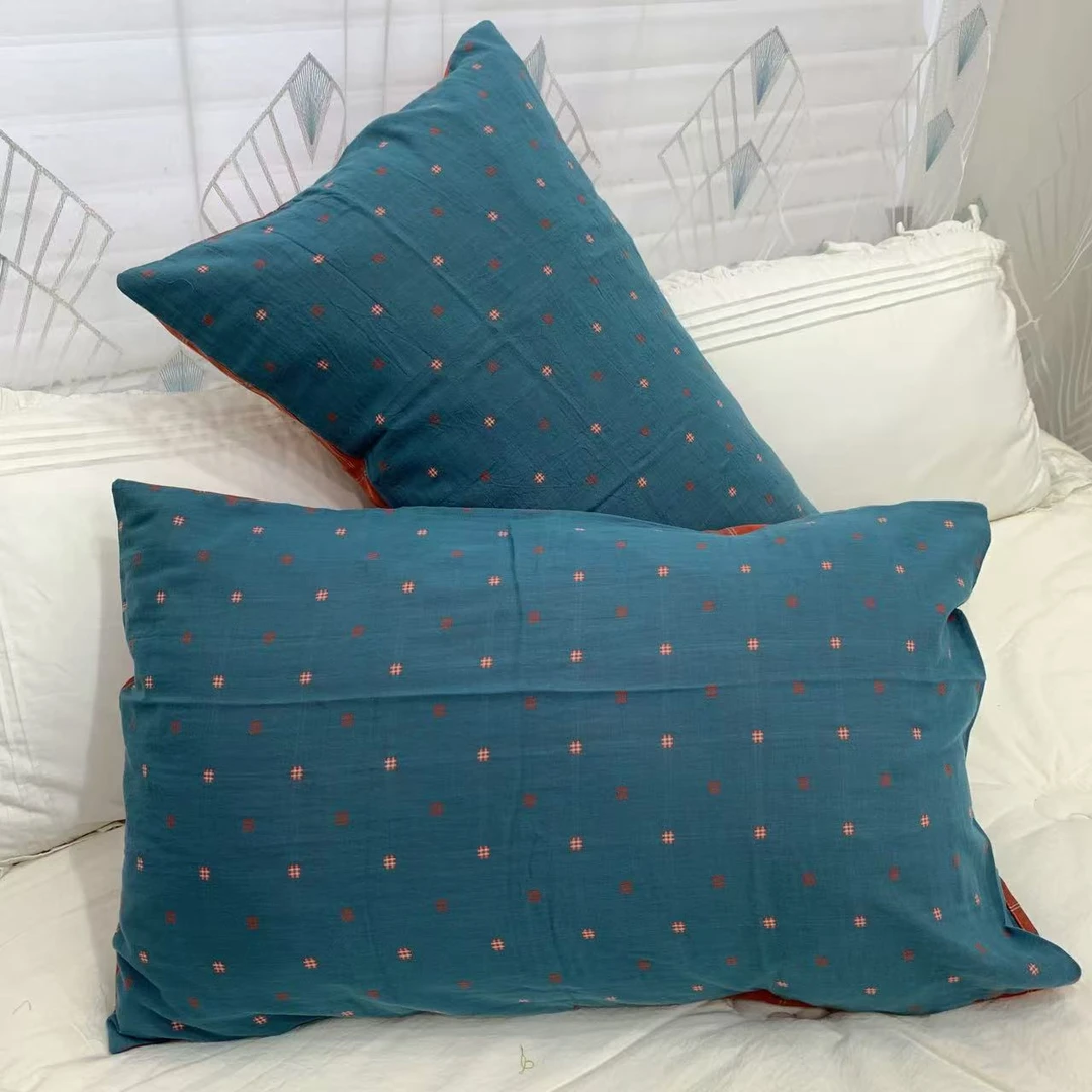 【花妍-蓝】全棉色织双层纱枕套一对48X74