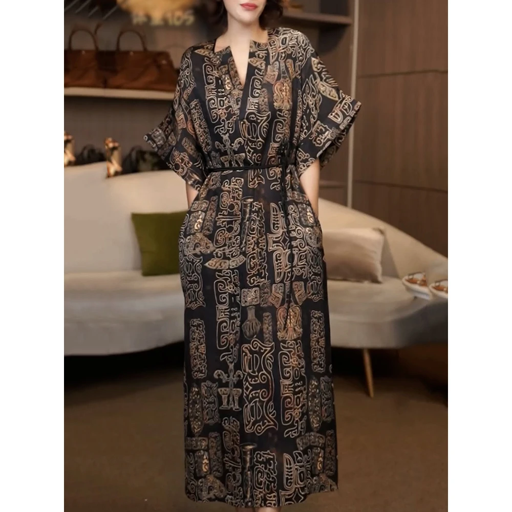 时髦洋气韩系显瘦V领连衣裙2025夏季新款优雅贵夫人绑带收腰长裙