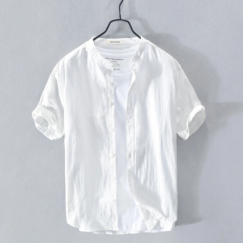 亚麻短袖衬衫夏季薄款男士宽松百搭半袖衬衣T恤