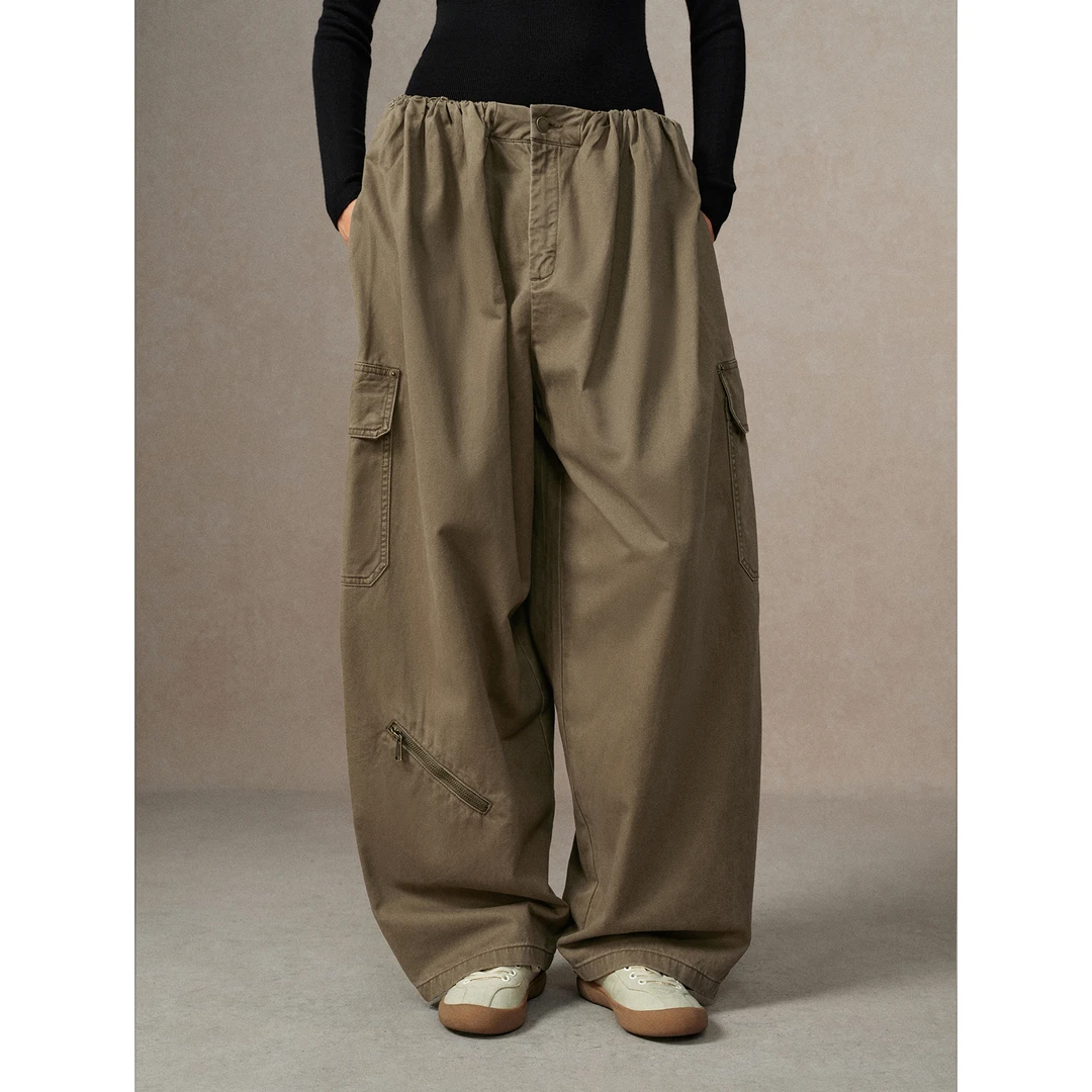 华吉言/HUAJIYAN【越线】洗水做旧松紧腰弯刀阔腿工装休闲裤