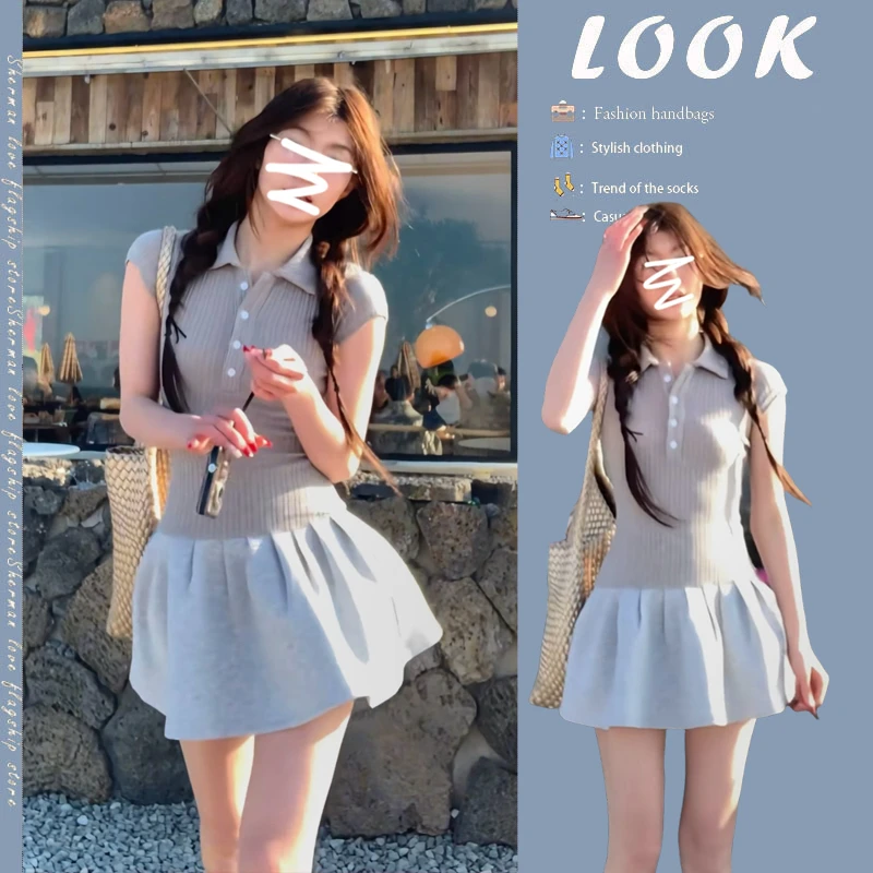 2025早春美式学院风polo领拼接短袖连衣裙女修身显瘦针织短裙女潮