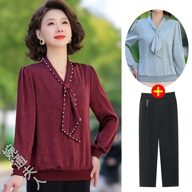 2025新款妈妈春装上衣洋气高贵小衫中老年春秋套装衬衫气质T恤女