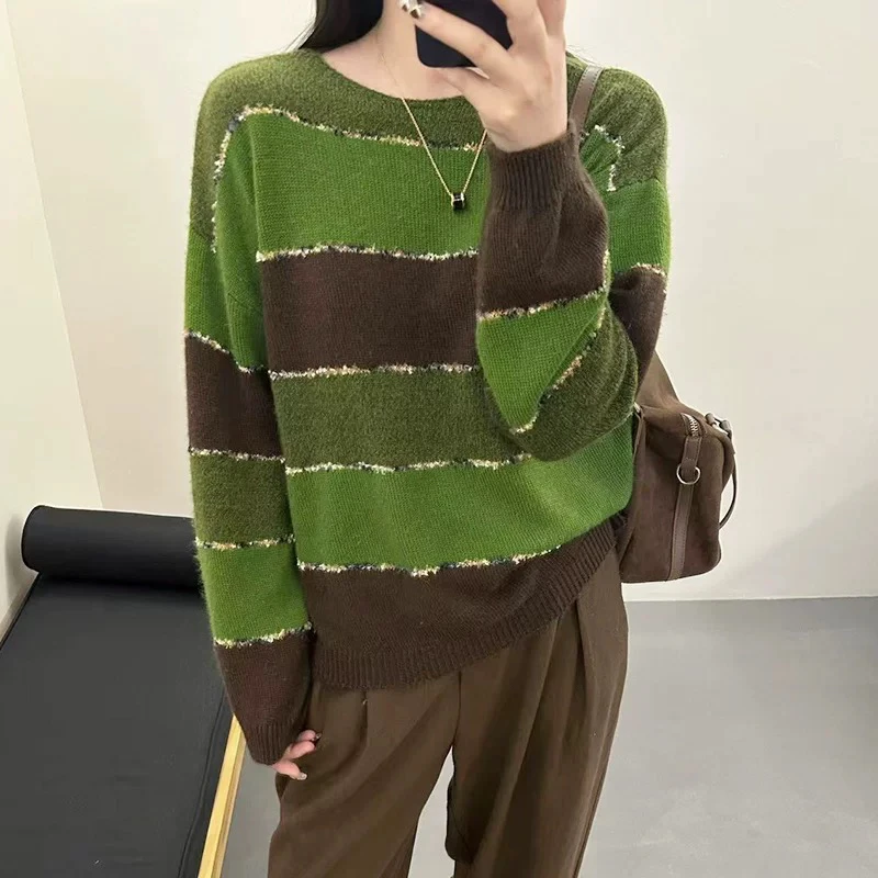 秋冬新款韩系慵懒风撞色条纹宽松毛衣女时尚设计感拼色显瘦针织衫