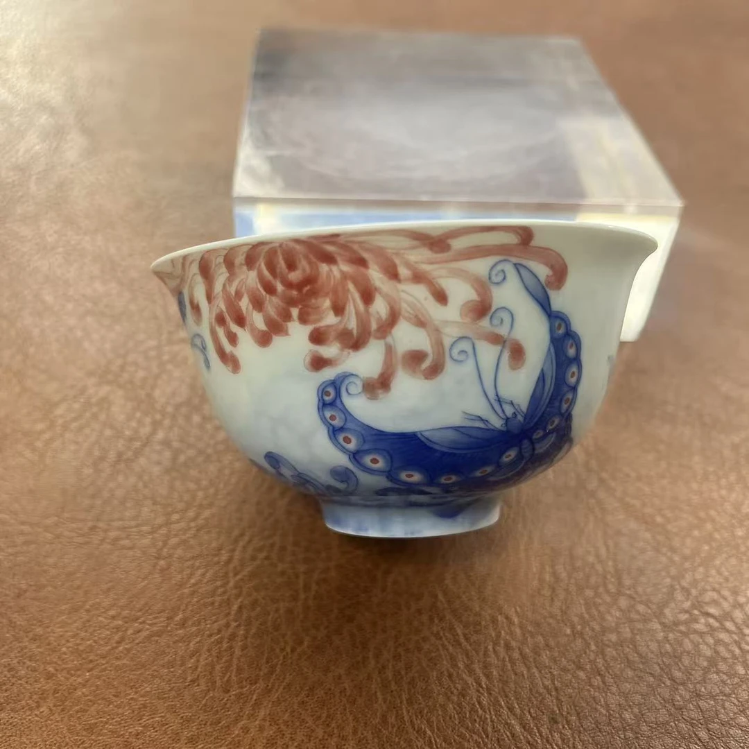正春堂青花釉下宝石红菊色如晤薄胎杯