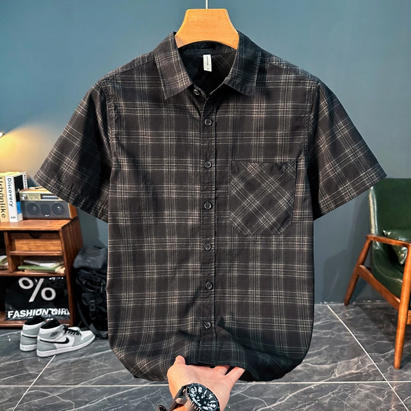 夏季潮牌日系复古格子短袖衬衫男士轻奢时尚百搭帅气休闲宽松衬衣