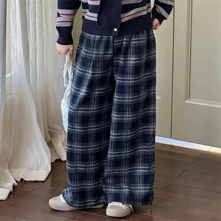 303-沫弛尔格子垂感宽松百搭显瘦阔腿休闲长裤女大童潮流外穿高腰