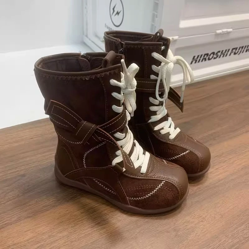 儿童马丁靴2025秋季新款韩版小众圆头系带中筒靴小众设计复古潮靴