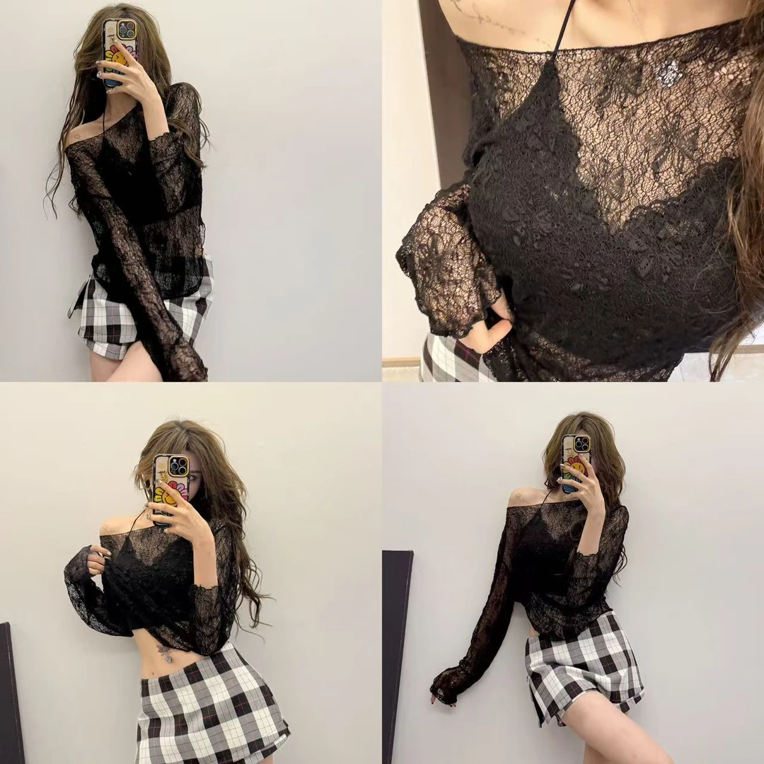 不规则长袖上衣微透蕾丝罩衫
